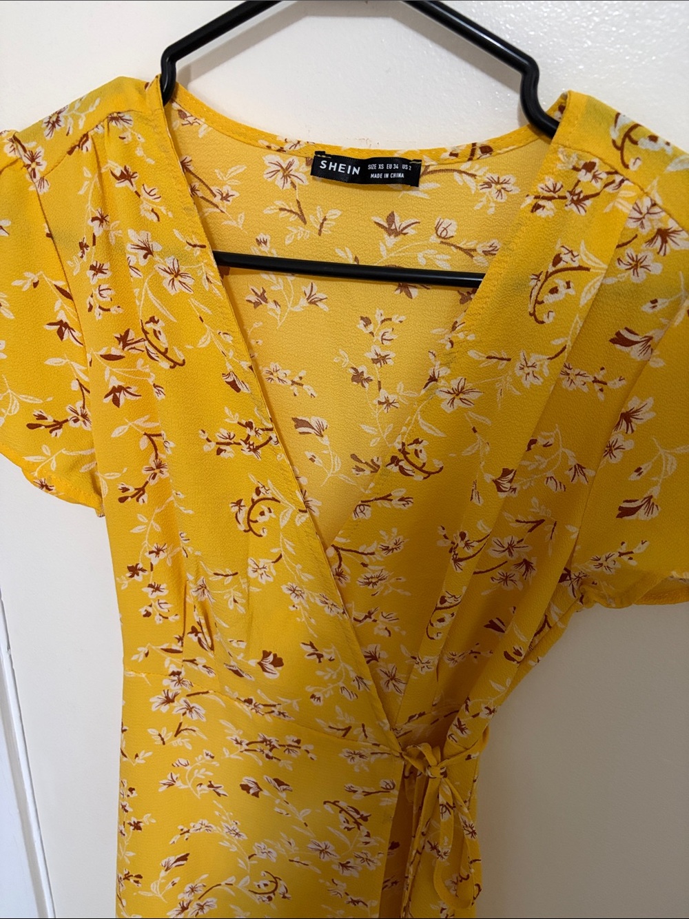 SHEIN Yellow Floral Wrap Dress with Tie Waist